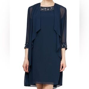 Women’s Formal Dress Sz 14 Navy Chiffon Beaded Long Sleeve 2-Pc Jacket Dress NWT